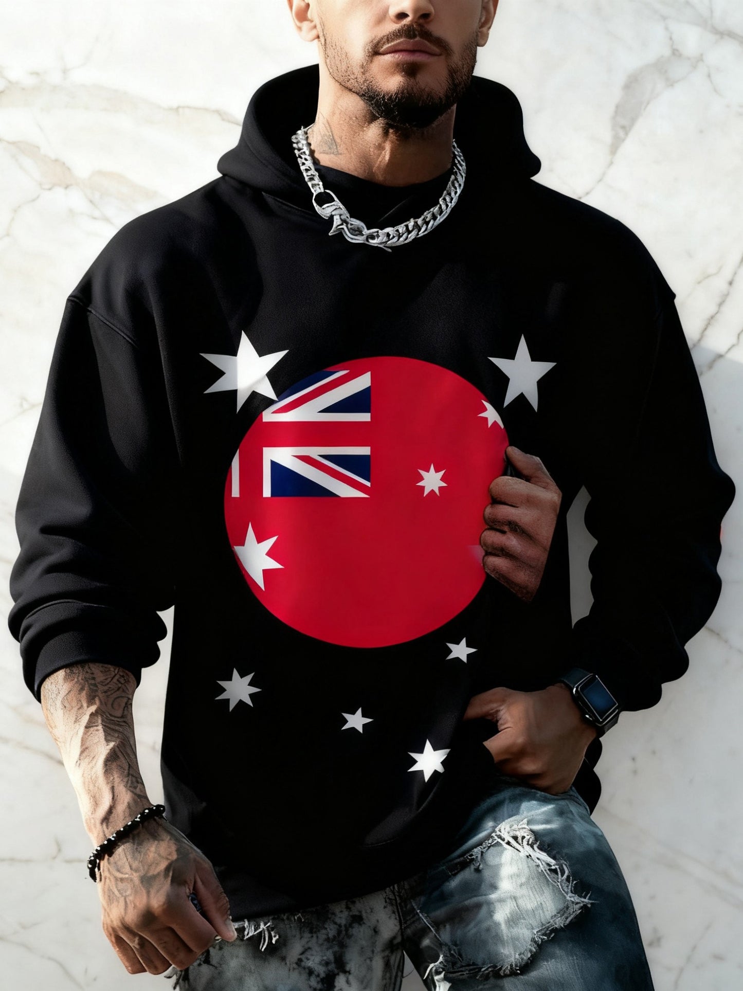 Vintage Australian Flag Badge Print Casual Long Sleeve Hooded Sweatshirt