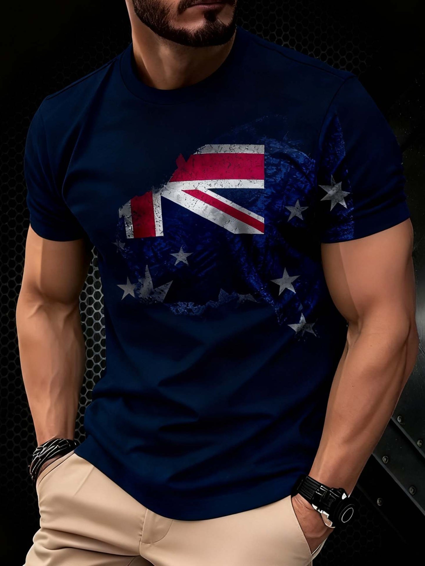 Vintage Australian Flag Badge Print Casual Cotton Short Sleeve T-Shirt