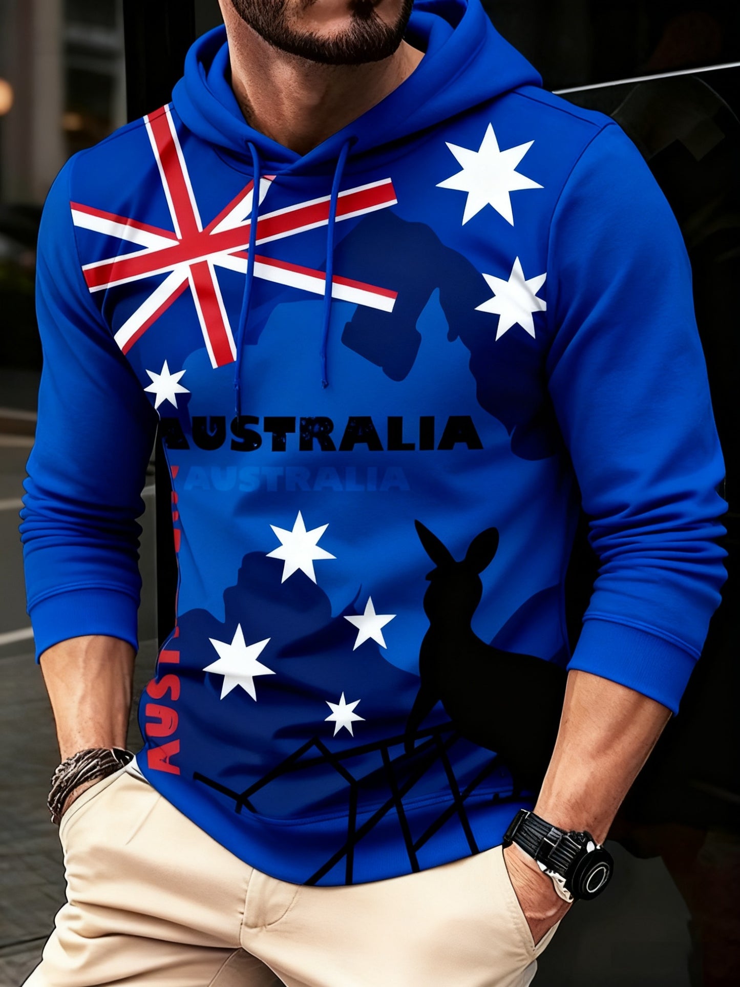 Vintage Australian Flag Badge Print Casual Long Sleeve Hooded Sweatshirt
