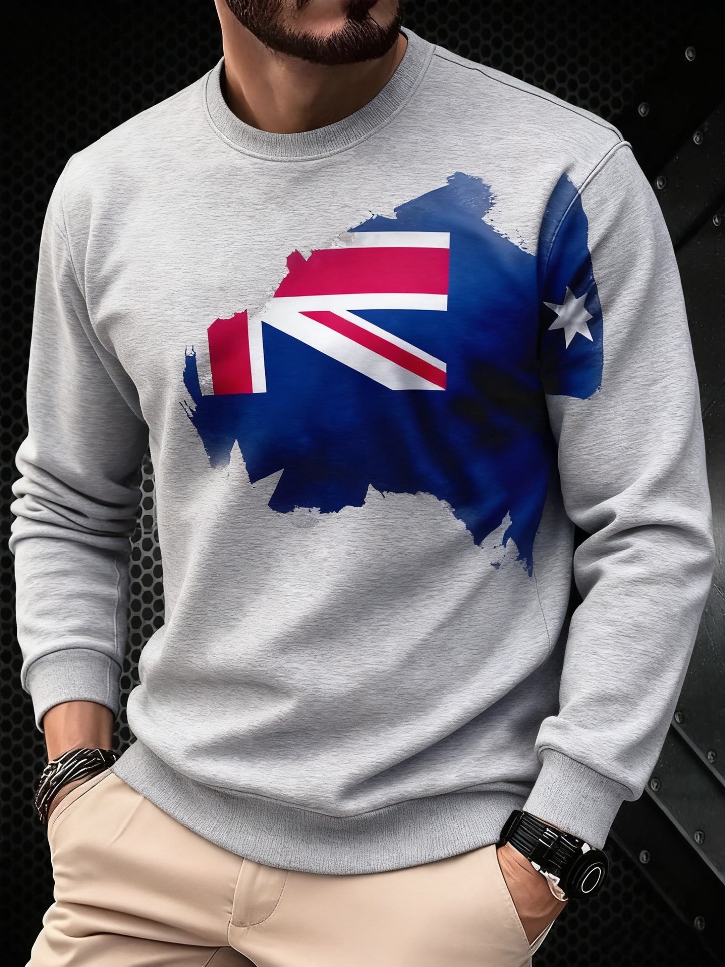Vintage Australian Flag Badge Lines Print Casual Long Sleeve Crew Neck Sweatshirt