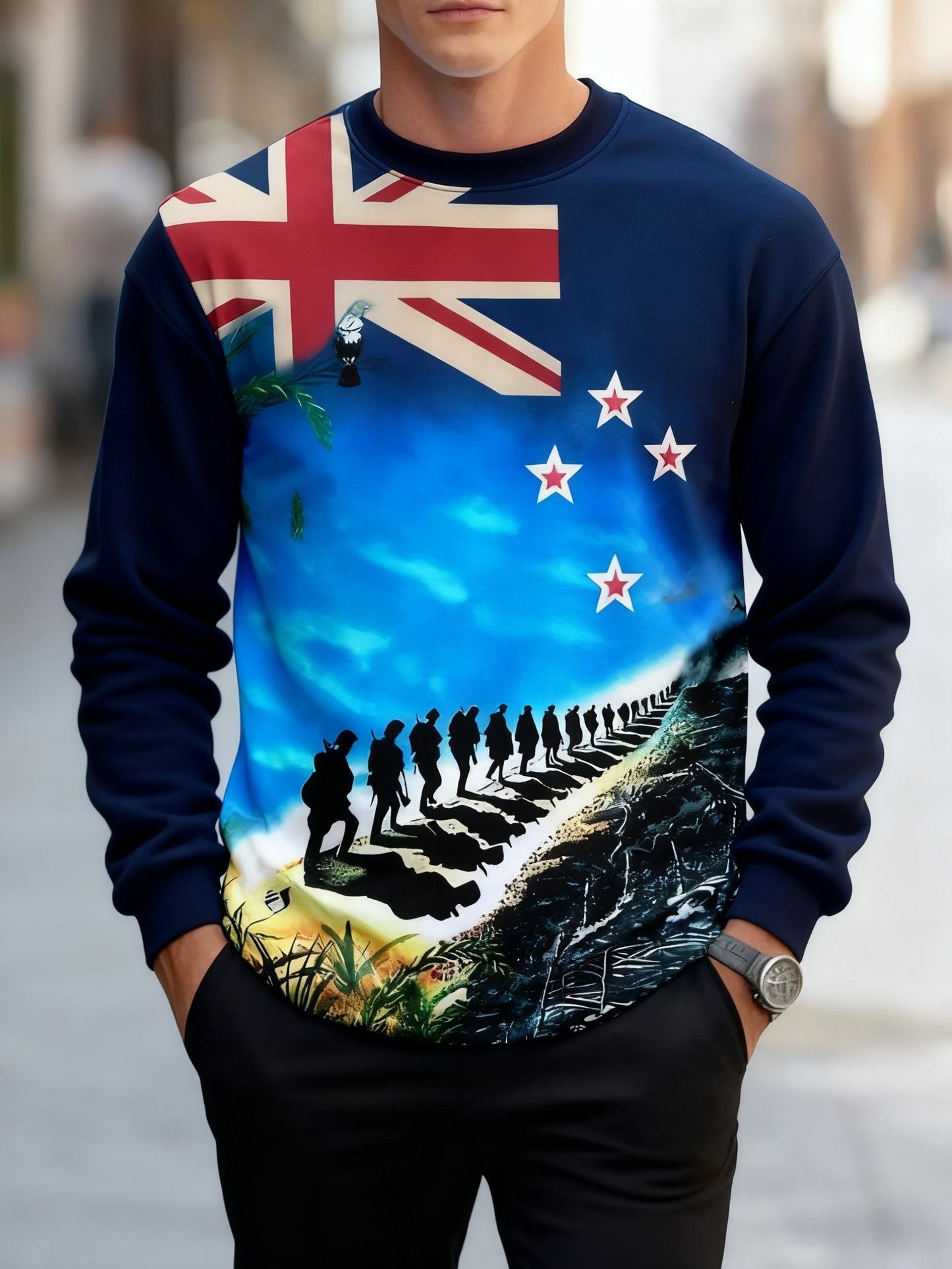 Vintage Australian Flag Badge Veteran Print Casual Long Sleeve Crew Neck Sweatshirt