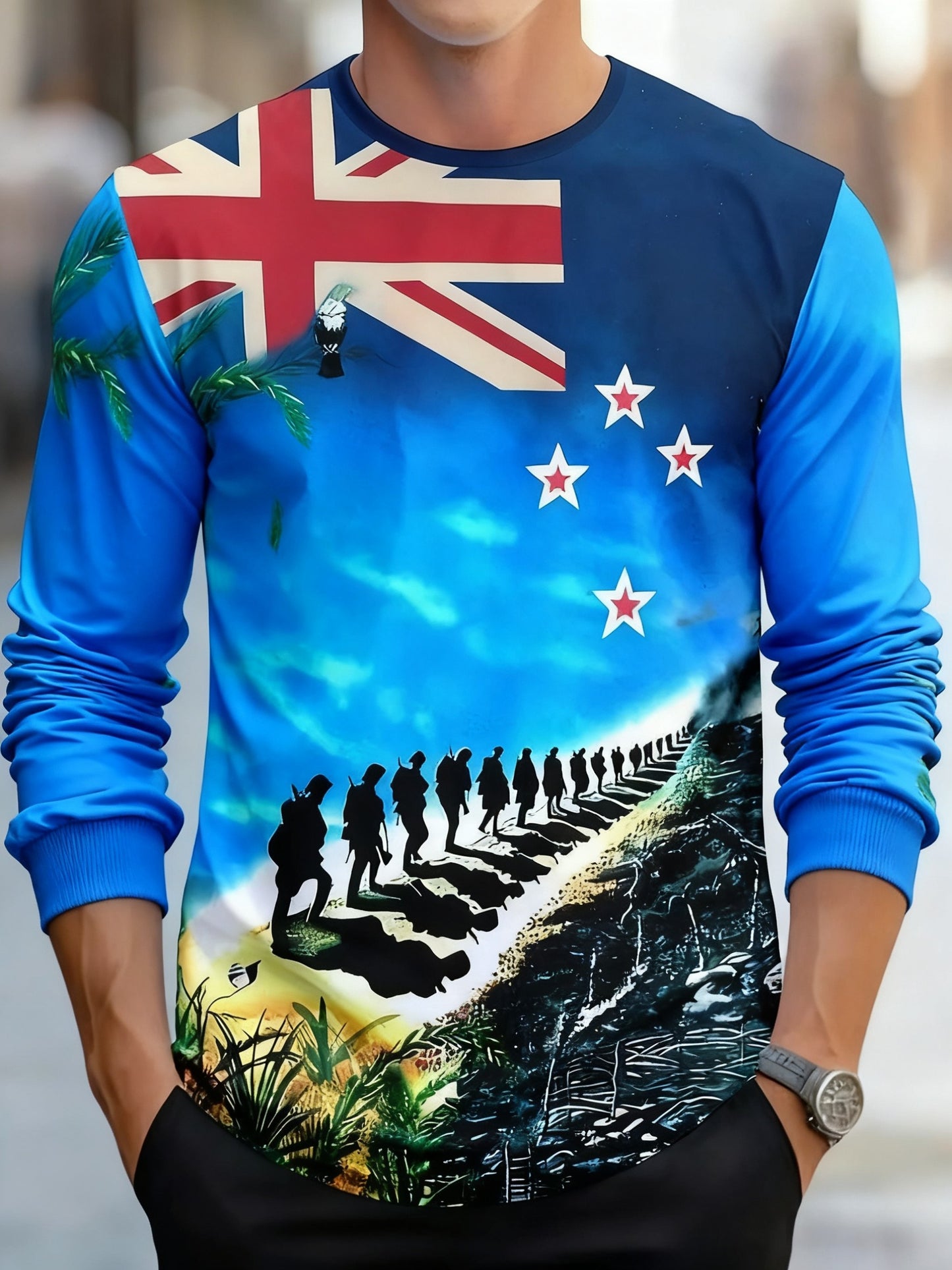 Vintage Australian Flag Badge Veteran Print Casual Long Sleeve Crew Neck Sweatshirt