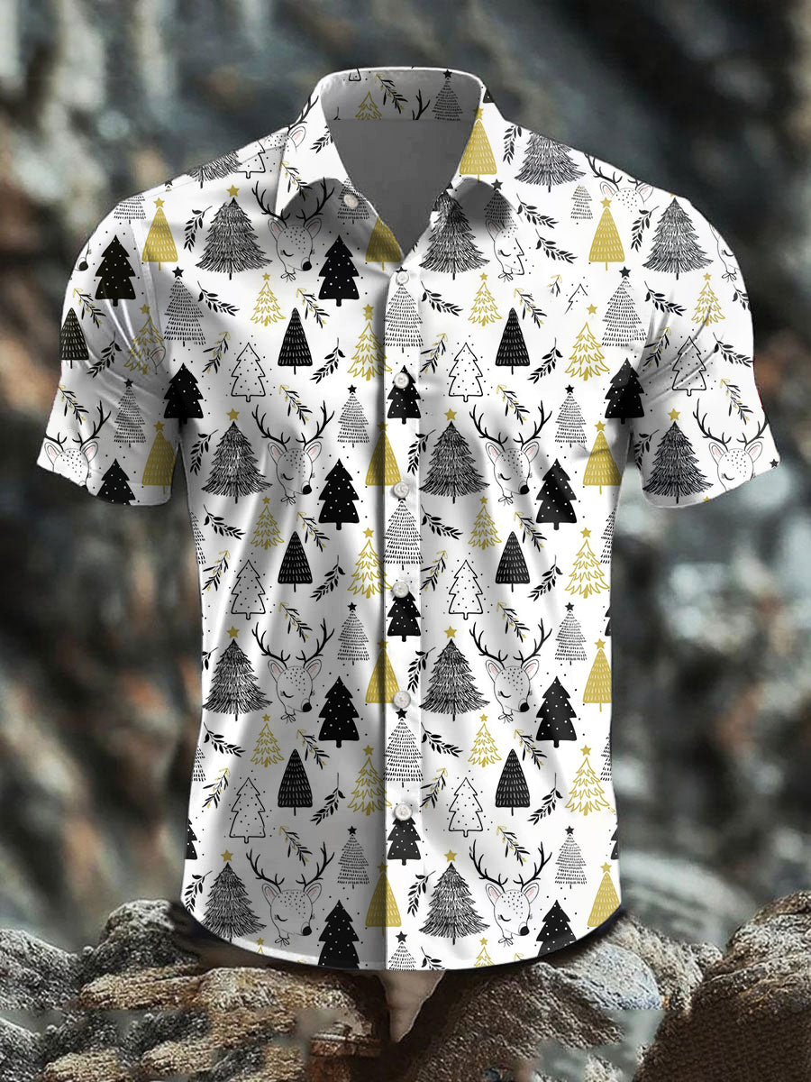Men's Retro Christmas Tree Art Abstract Print Casual Cotton Short Sleeve Shirt
