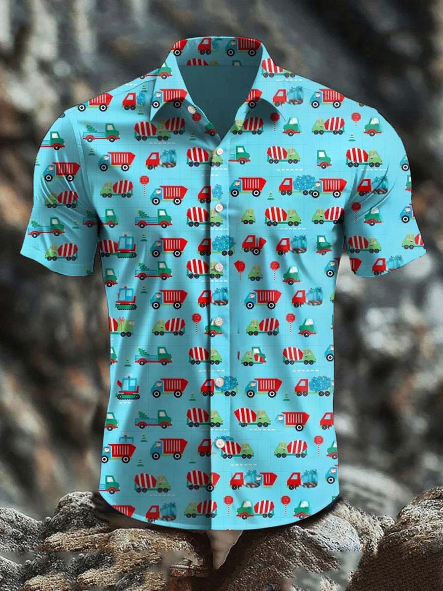 Men's Vintage Christmas Art Abstract Print Casual Cotton Short Sleeve Shirt