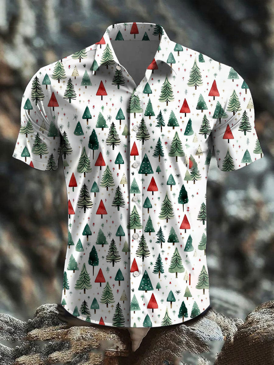 Men's Retro Christmas Tree Art Abstract Print Casual Cotton Short Sleeve Shirt