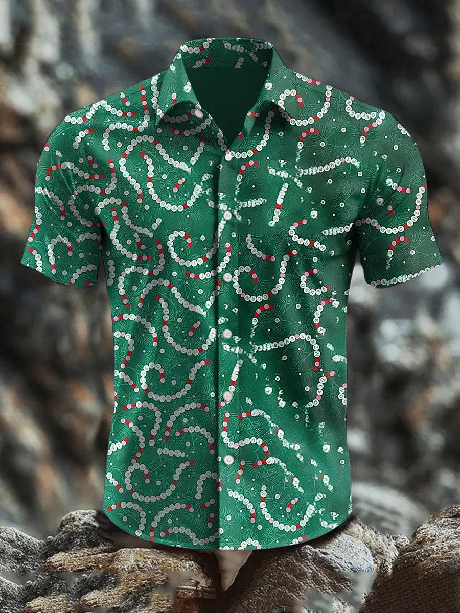 Men's Retro Christmas Sequins Art Abstract Print Casual Cotton Short Sleeve Shirt