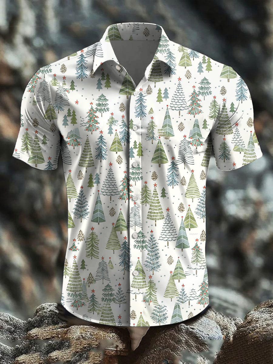Men's Retro Christmas Tree Art Abstract Print Casual Cotton Short Sleeve Shirt