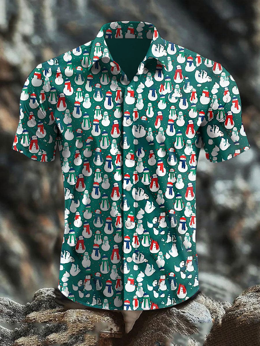 Men's Retro Christmas Snowman Art Abstract Print Casual Cotton Short Sleeve Shirt