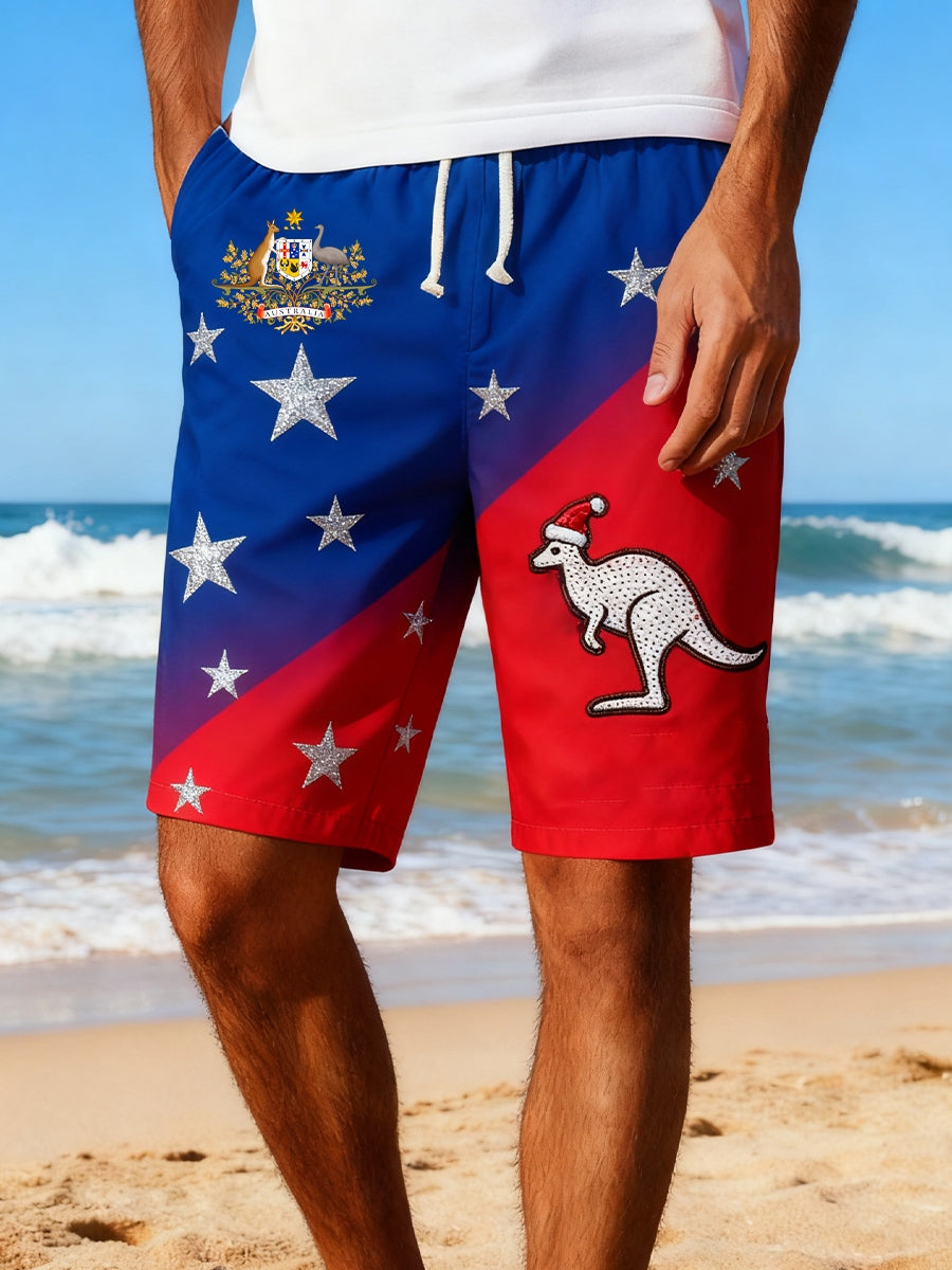 Men's Australian Christmas Art Print Summer Vacation Beach Surfing Shorts Swim Trunks