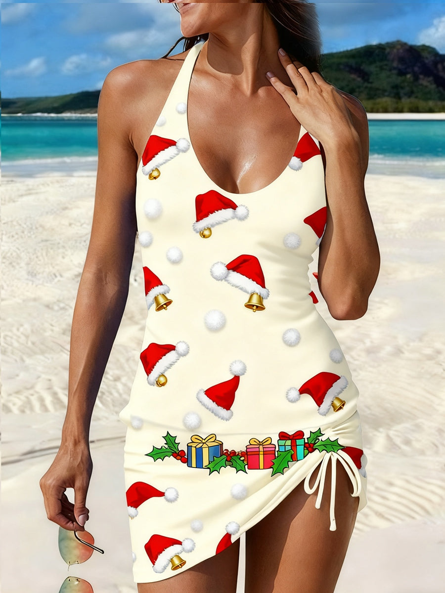 Women's Retro Christmas Art Print Casual Beach Swimsuit Set