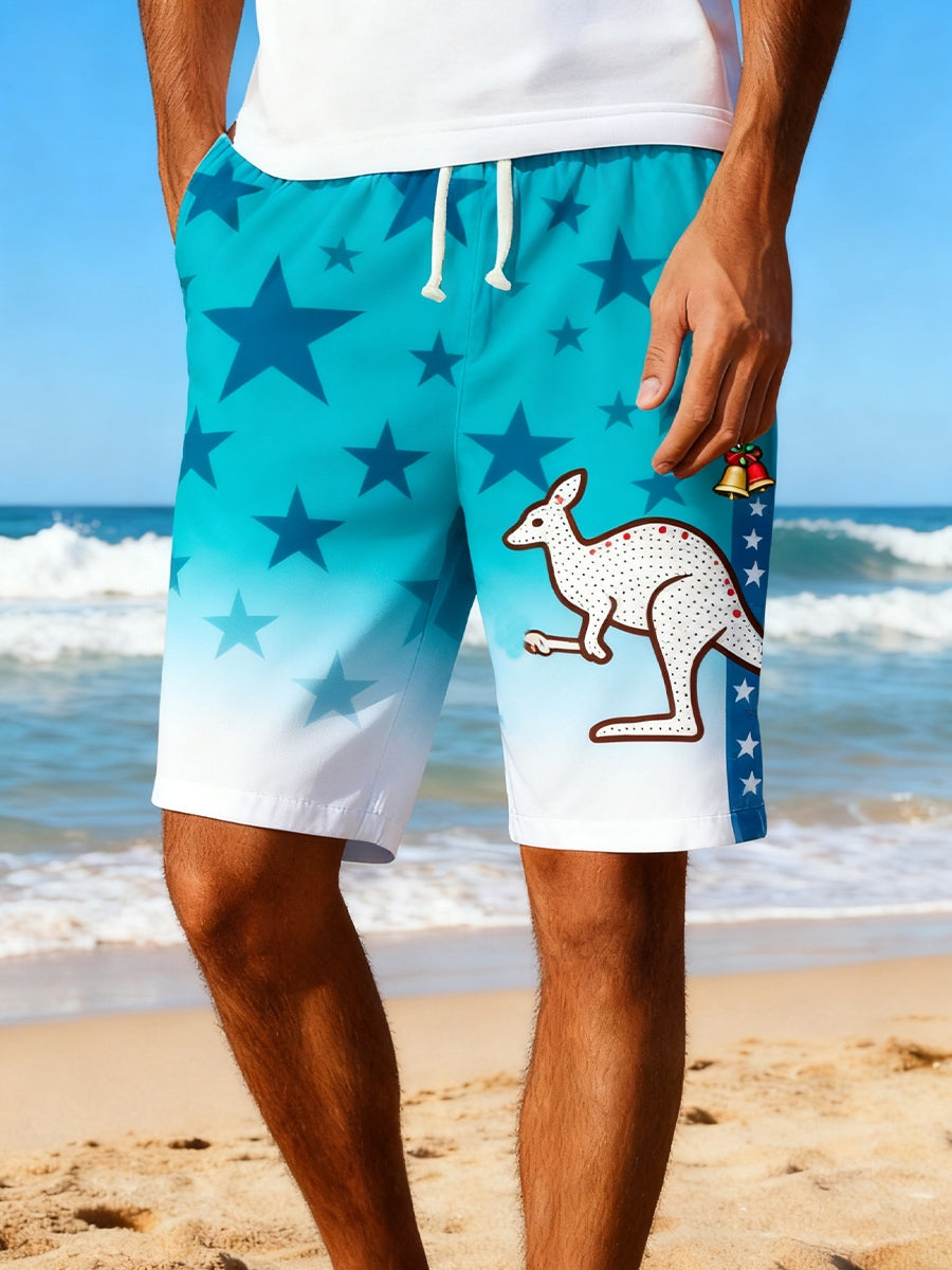 Men's Australian Christmas Art Print Summer Vacation Beach Surfing Shorts Swim Trunks