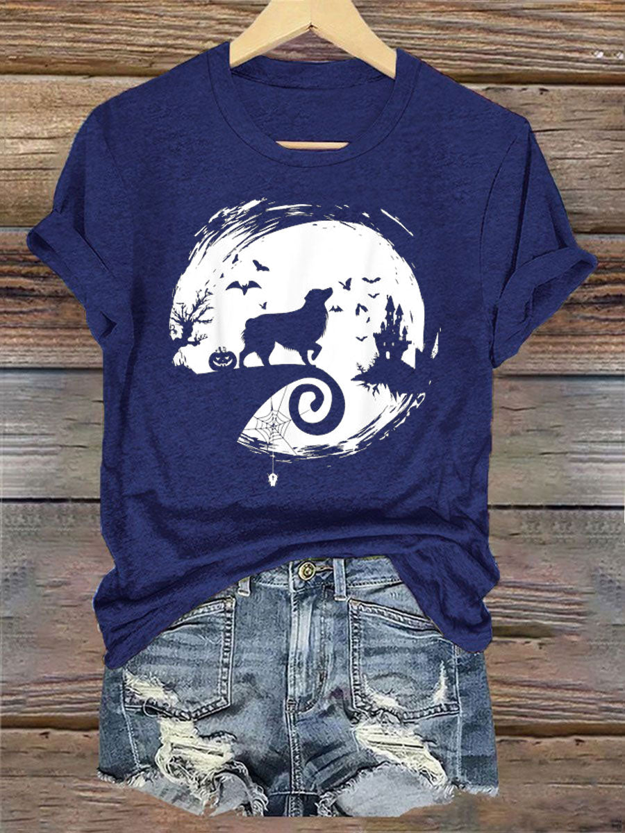 Women's Aussie Halloween Costume Moon Silhouette Creepy Australian Shepherd Iron On Short Sleeve T-Shirt