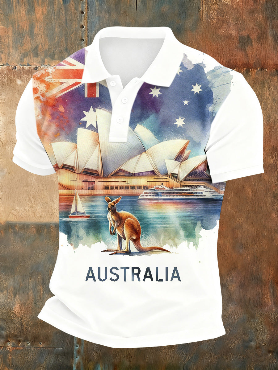 Men's Retro Australian Art Print Casual Polo Shirt