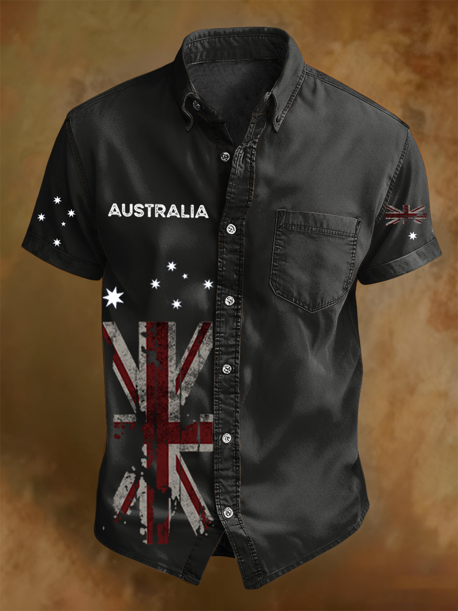 Men's Retro Australian Flag Badge Print Casual Short-sleeve Pocket Shirt
