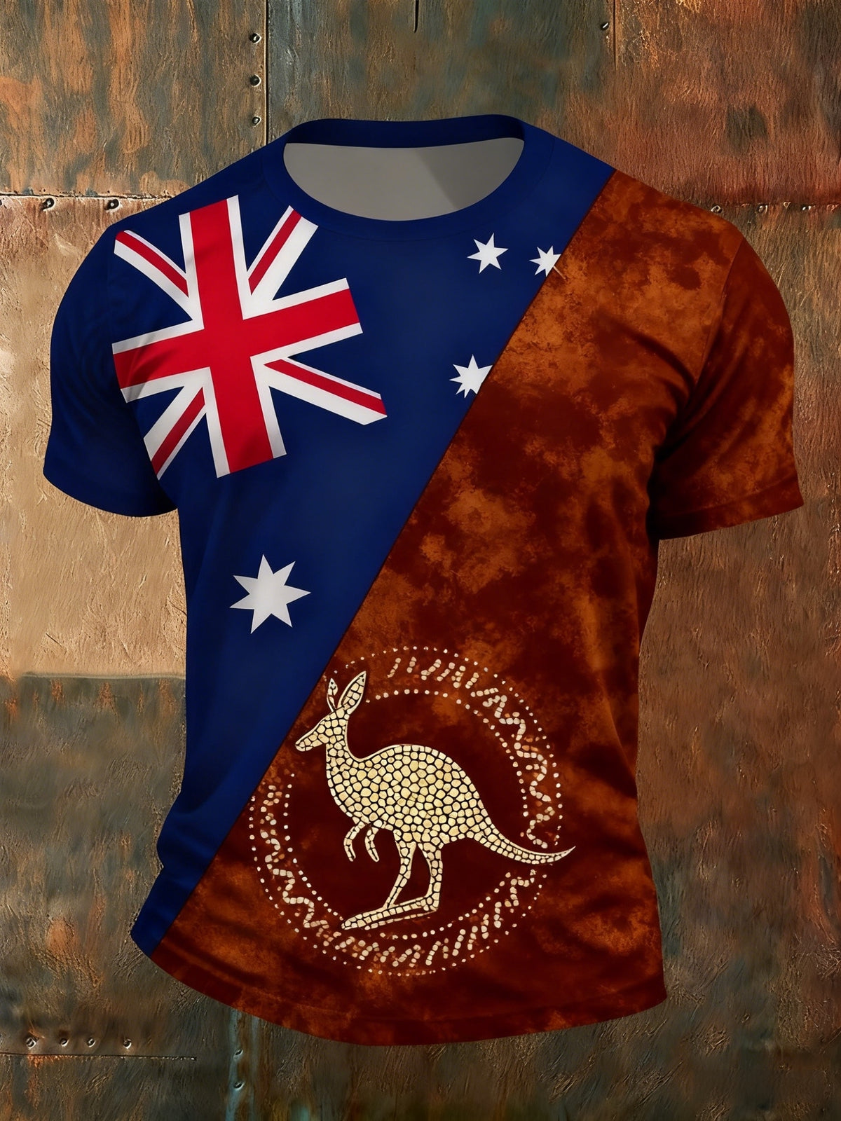 Vintage Australian Flag Kangaroo Indigenous Dot Painting Patchwork Print Casual Cotton Short Sleeve T-Shirt
