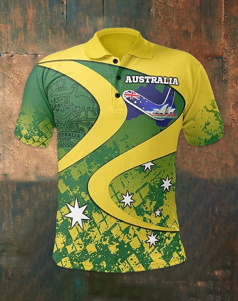 Men's Vintage Australian Flag Printed Casual Cotton Short Sleeve Sports Line Polo Shirt