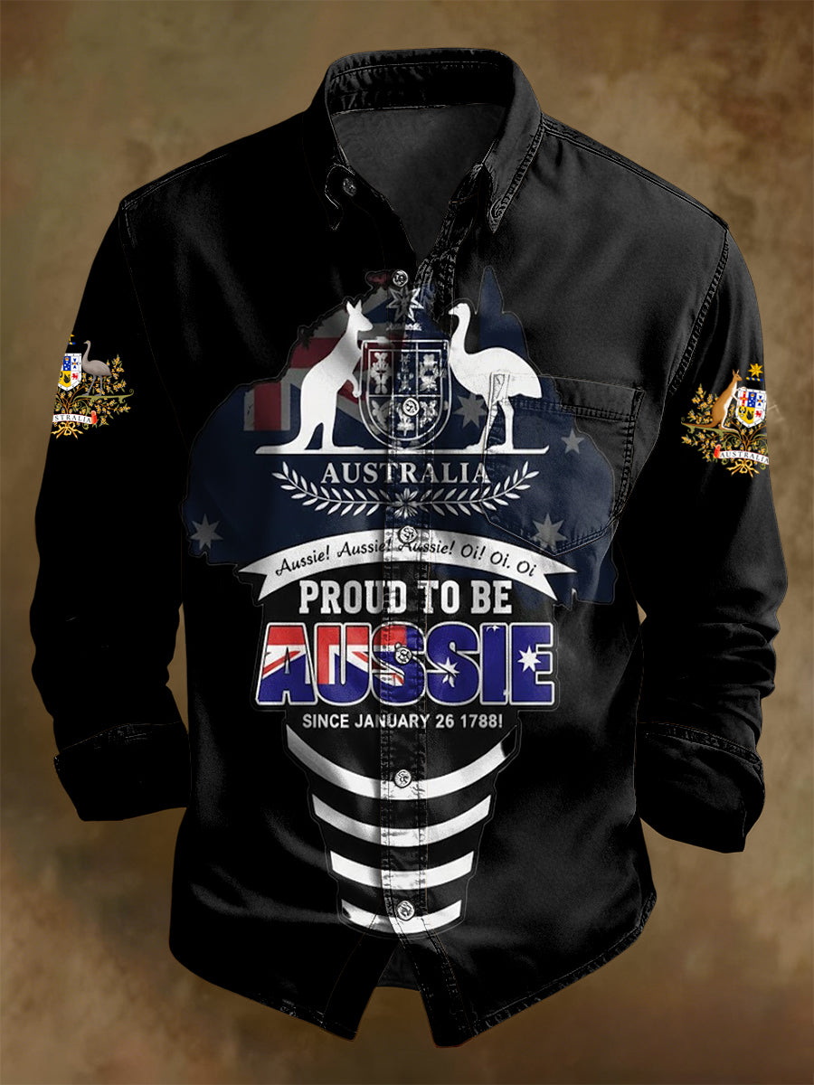 Men's Retro Australia Day Flag Badge Print Casual Long Sleeve Pocket Shirt