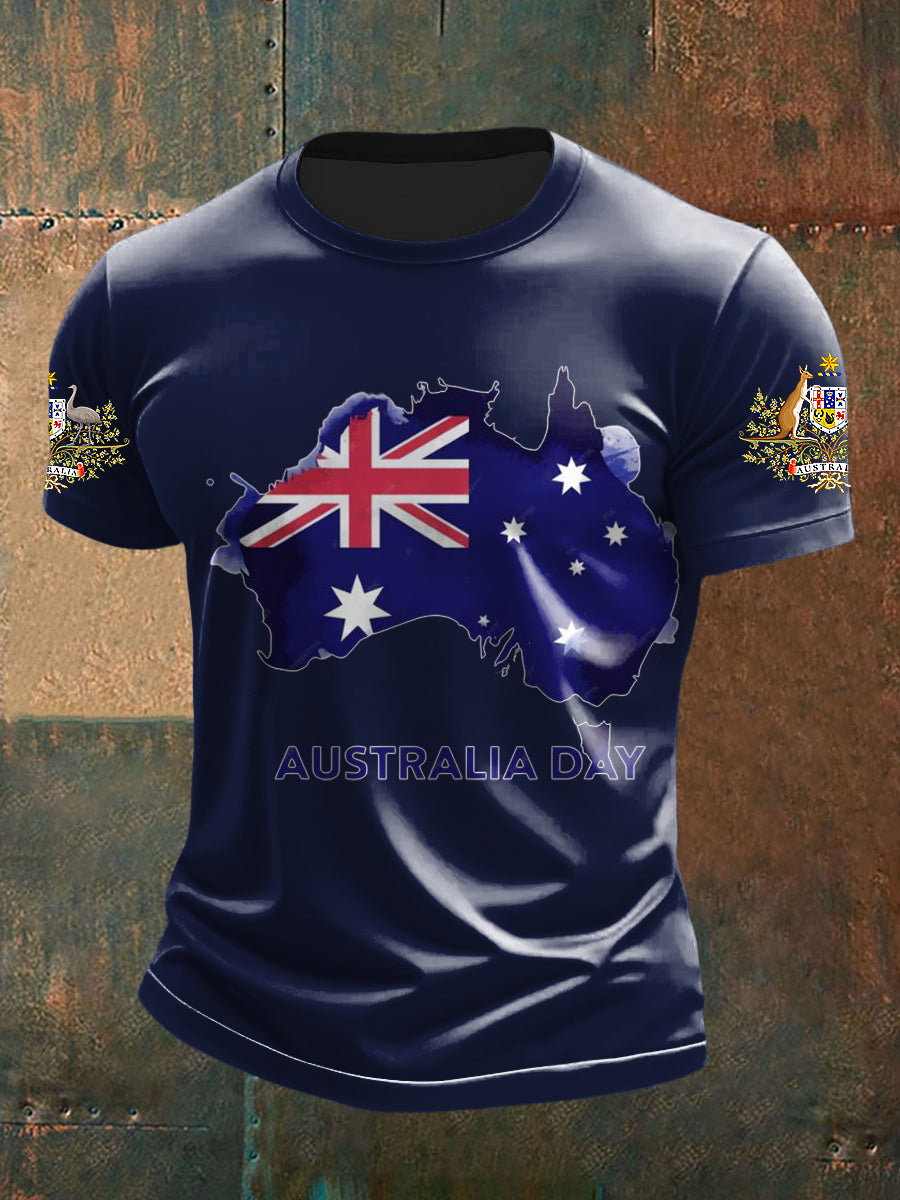 Vintage Australian Flag Badge Print Casual Cotton Short Sleeve T-Shirt
