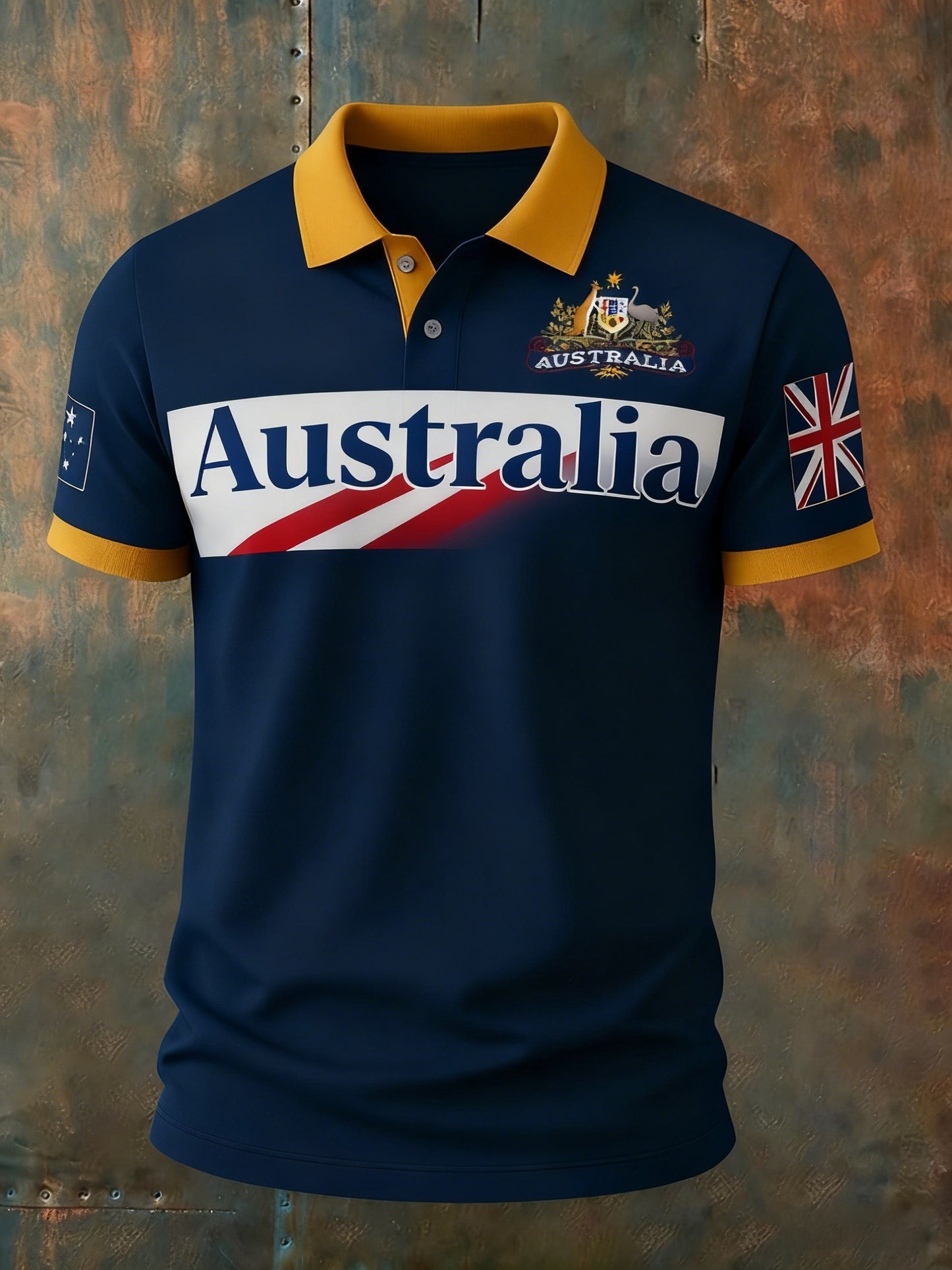 Vintage Australian Flag Badge Patchwork Printed Casual Cotton Short Sleeve Pocket Polo Shirt
