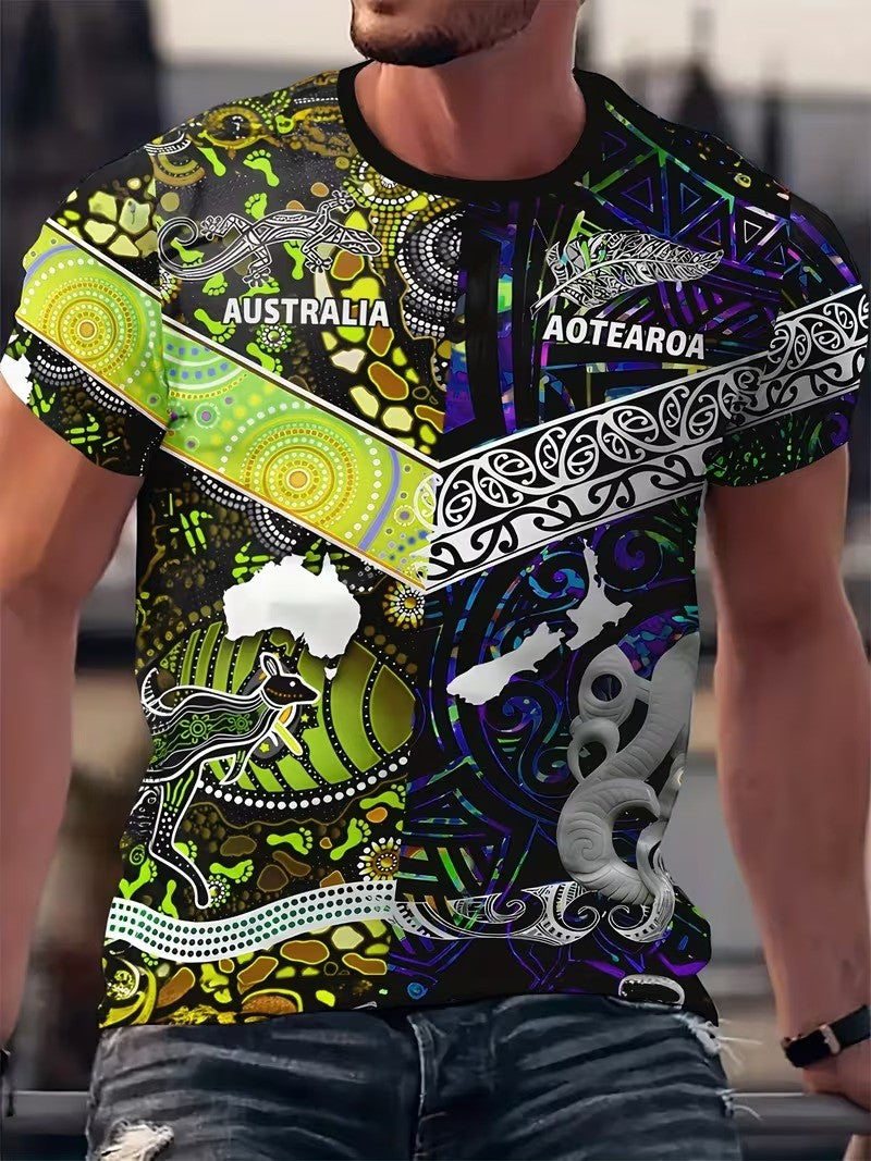 Men's Retro Australian Flag Badge Tribal Patchwork Art Print Casual Short-Sleeve T-Shirt