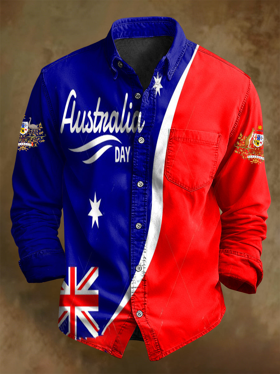 Men's Retro Australian Flag Badge Color-Block Print Casual Long Sleeve Pocket Shirt