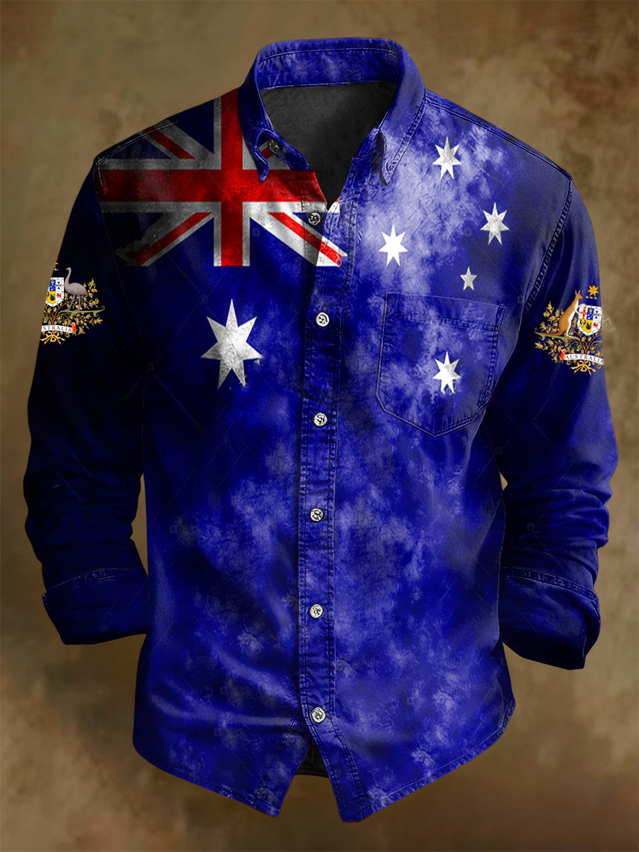 Men's Retro Australian Flag Badge Print Casual Long Sleeve Pocket Shirt