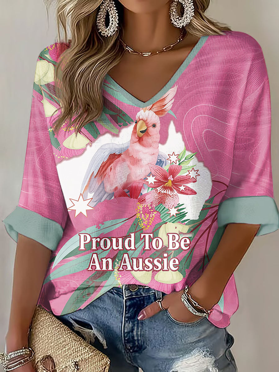 Women's Pink Cockatoo Aussie Proud Printed Waffle T-shirt