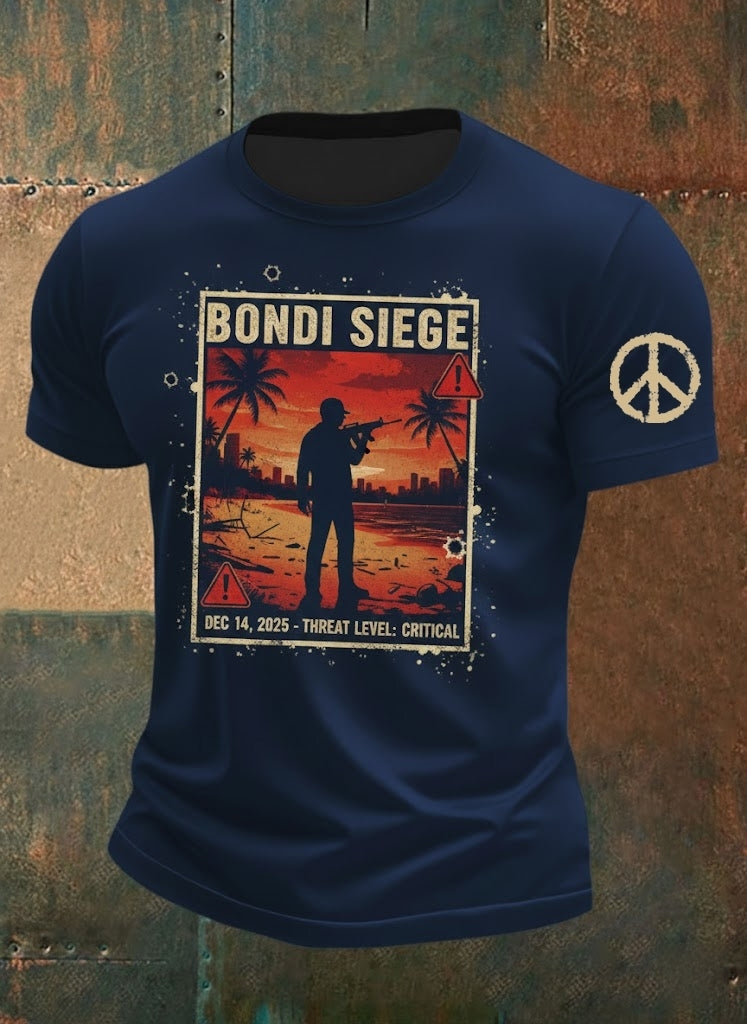 Men's Vintage Australian Peace Bondi Beach Attack Shatters Printed Casual Cotton Short Sleeve T-Shirt