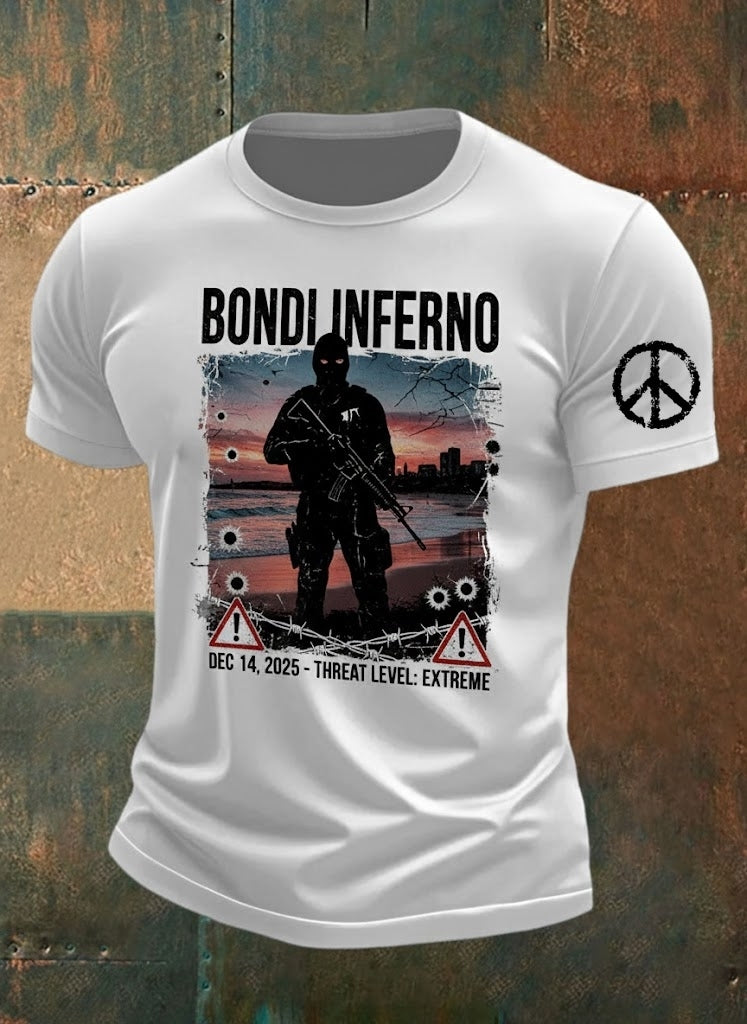 Men's Vintage Australian Peace Bondi Beach Attack Shatters Printed Casual Cotton Short Sleeve T-Shirt