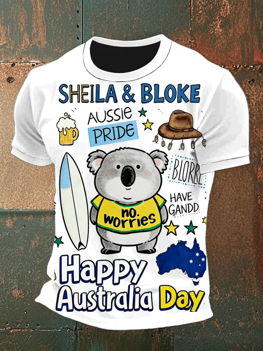 Vintage Happy Australia Day Print Casual Cotton Short Sleeve T-Shirt