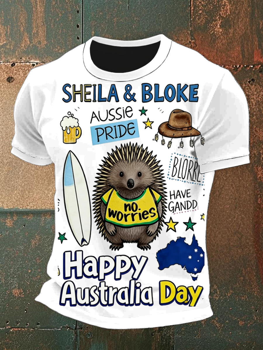 Vintage Happy Australia Day Print Casual Cotton Short Sleeve T-Shirt