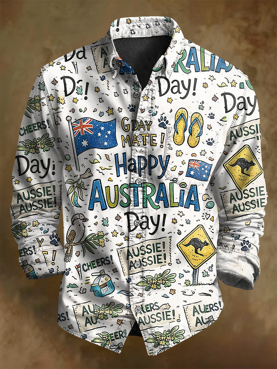 Retro Happy Australia Day Print Casual Long Sleeve Shirt
