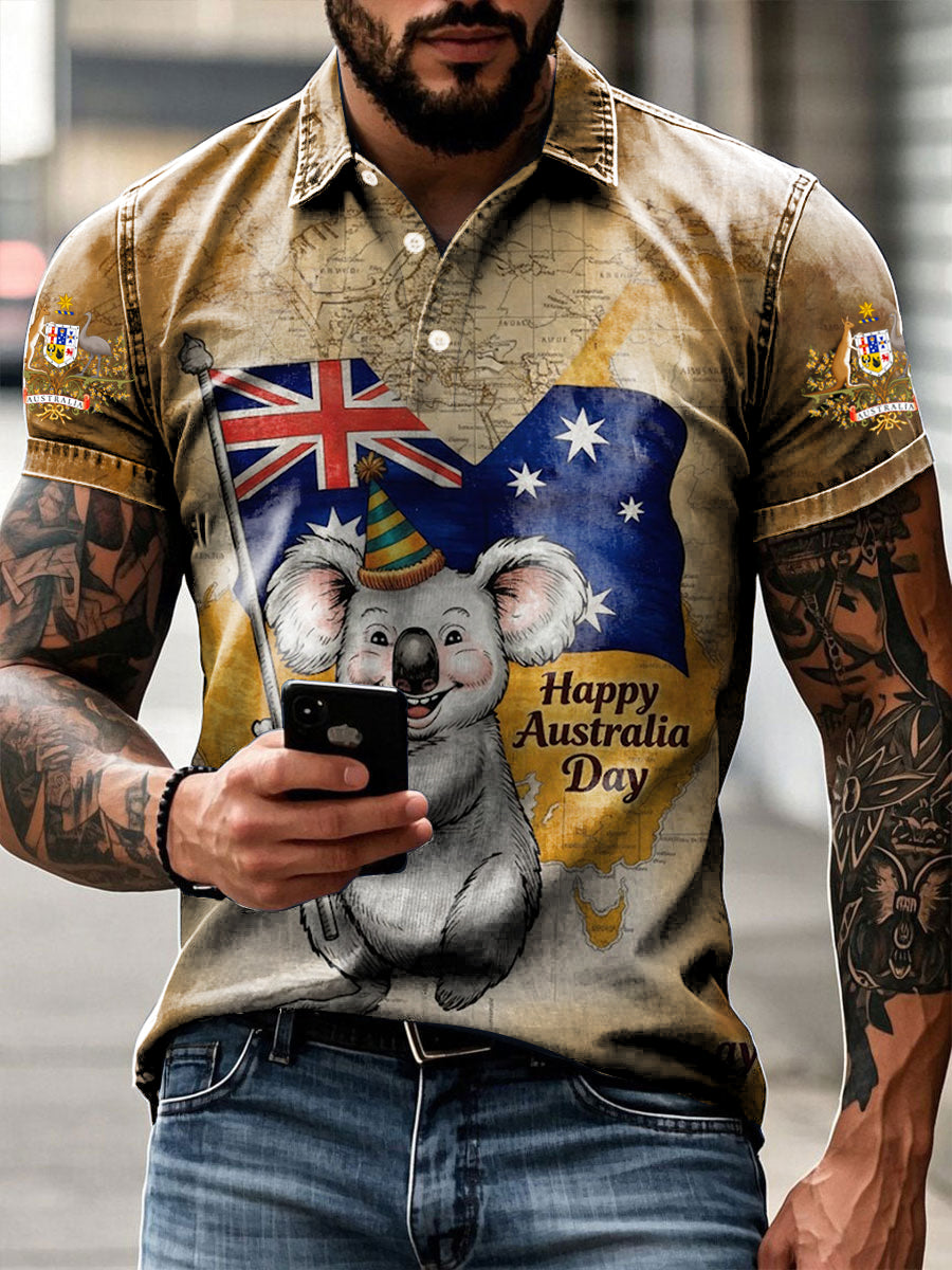 Retro Happy Australia Day Printed Casual Cotton Short Sleeve Polo Shirt