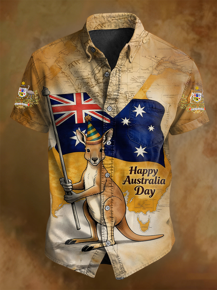Retro Happy Australia Day Print Casual Cotton Short Sleeve Pocket Shirt