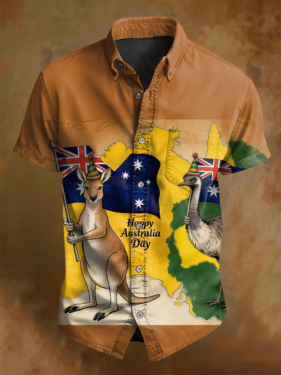 Retro Happy Australia Day Print Casual Cotton Short Sleeve Pocket Shirt