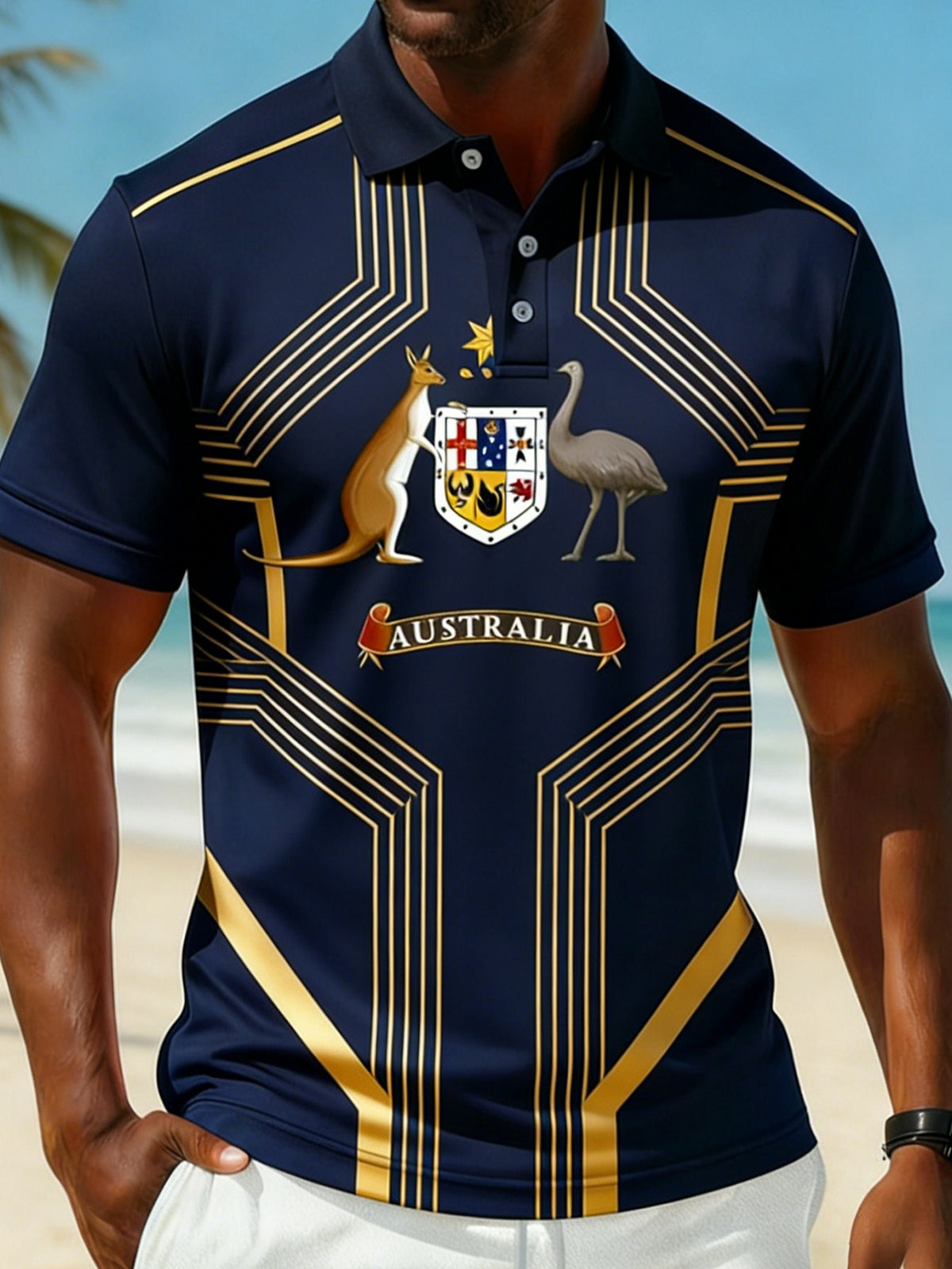 Men's Vintage Australian Flag Badge Printed Casual Cotton Short Sleeve Sports Stripe Polo Shirt