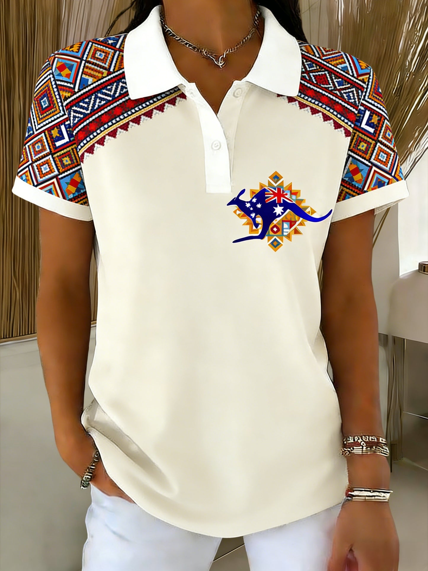 Women's Vintage Australian Flag Badge Dot Painting Art Printed Casual Short Sleeve Polo Shirt