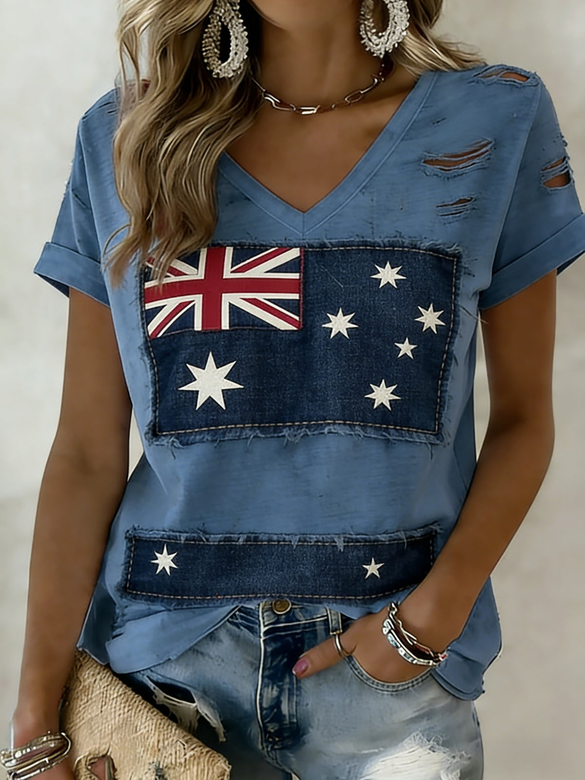 Women's Vintage Australian Flag Badge Art Print V-Neck Short Sleeve T-Shirt