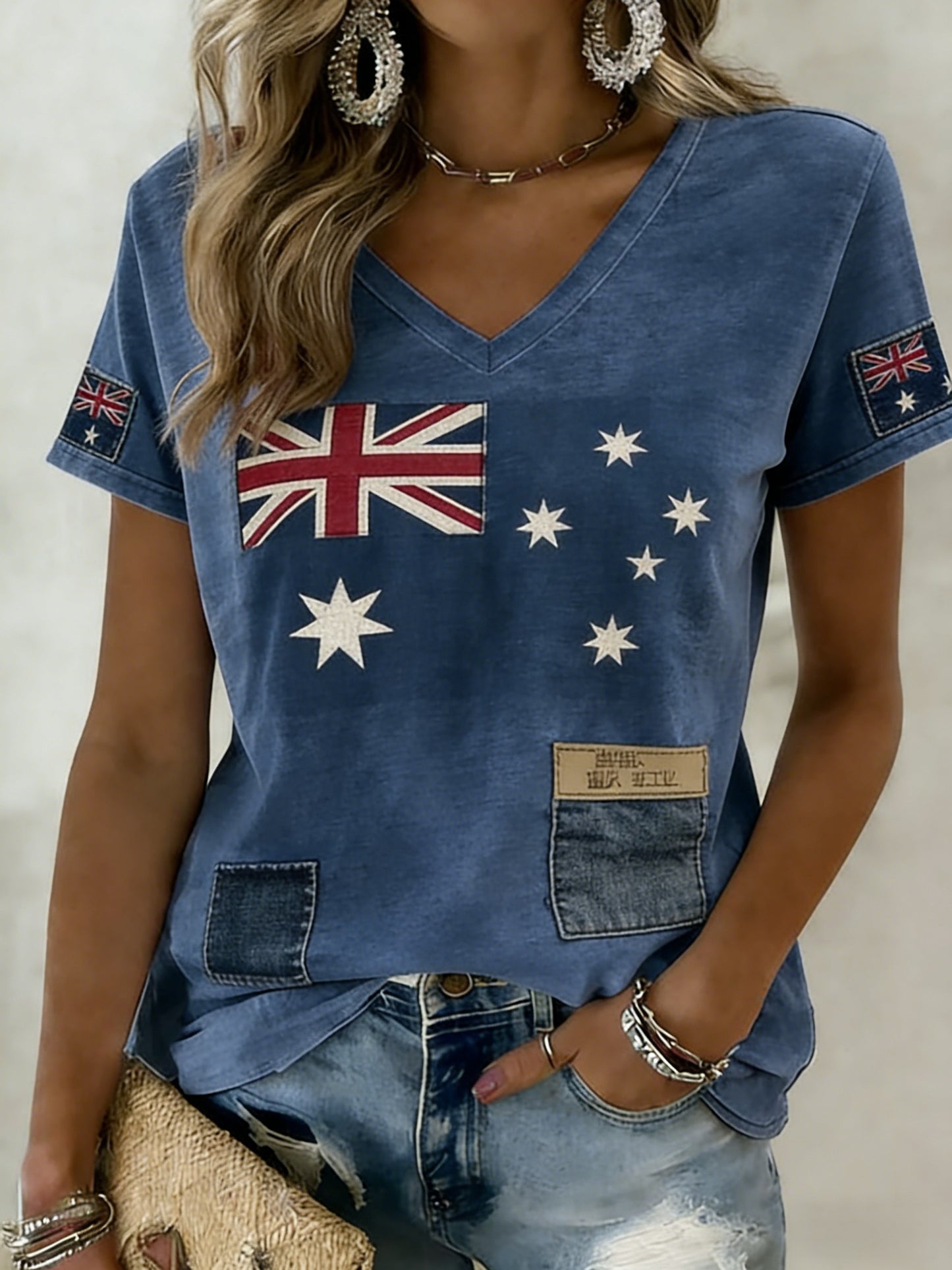 Women's Vintage Australian Flag Badge Art Print V-Neck Short Sleeve T-Shirt
