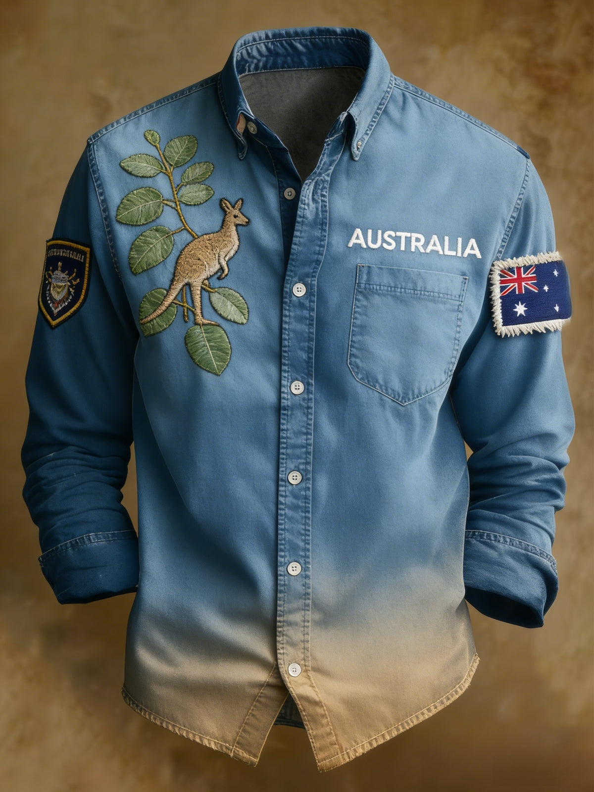 Vintage Australian Flag Badge Denim Art Print Casual Long-Sleeved Shirt