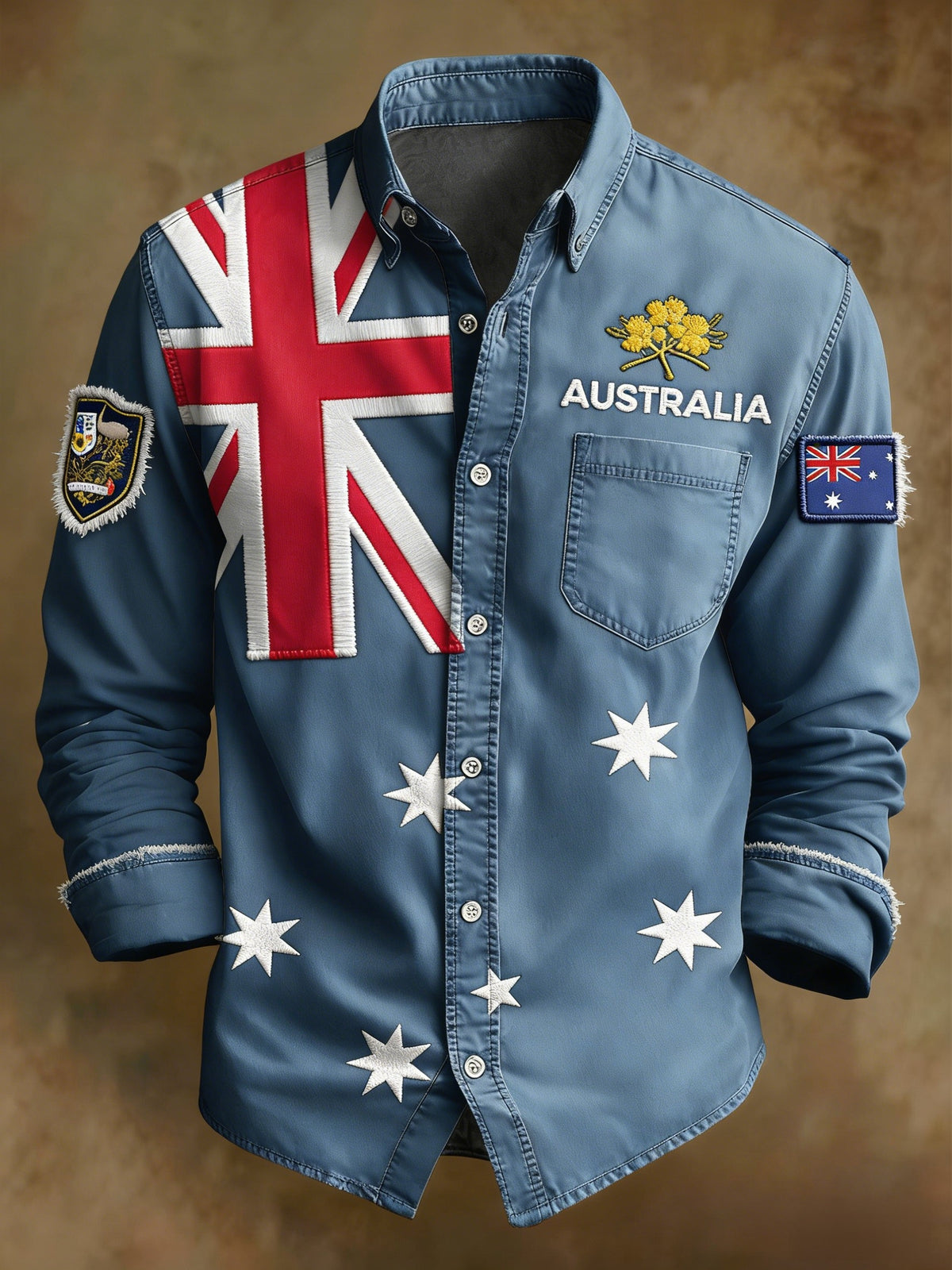 Vintage Australian Flag Badge Denim Art Print Casual Long-Sleeved Shirt