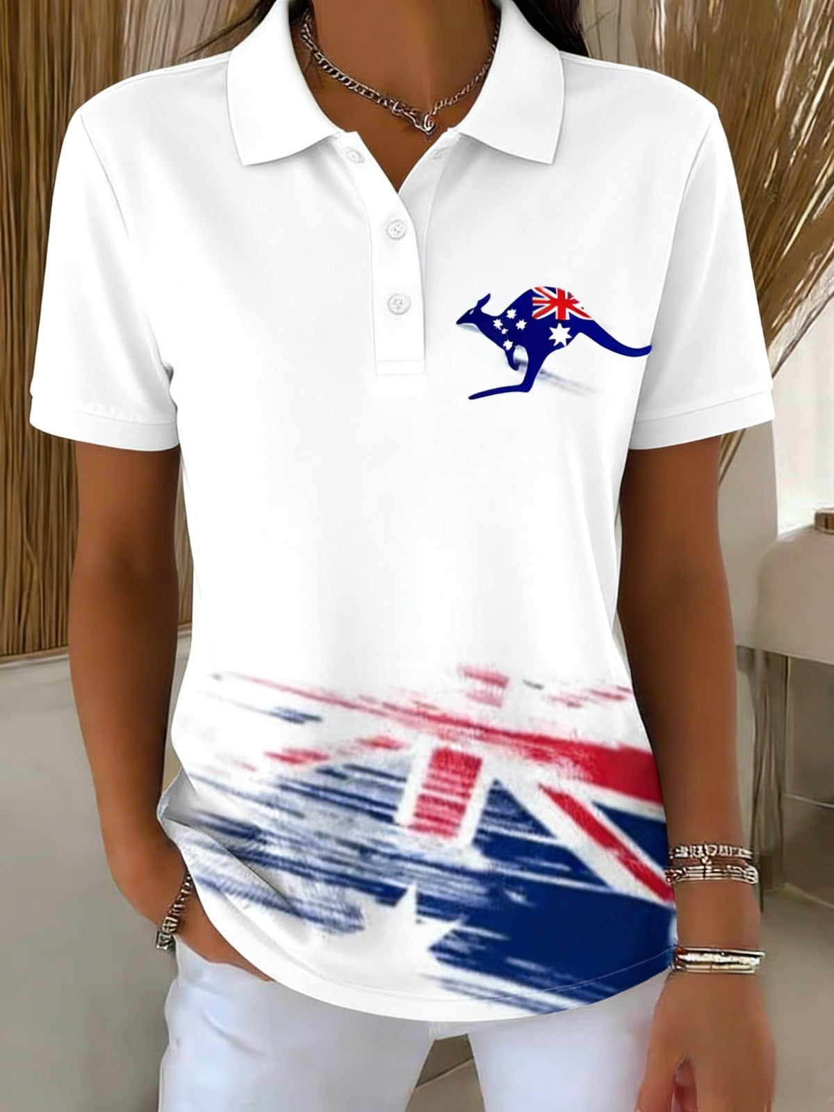 Women's Retro Happy Australia Day Flag Badge Print Casual Short-Sleeved Polo Shirt