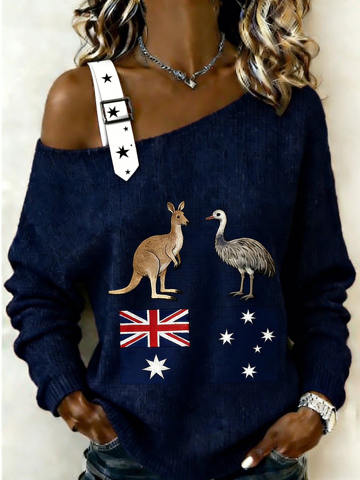 Women's Retro Australian Flag Badge Casual Off-the-Shoulder Design Long Sleeve T-Shirt
