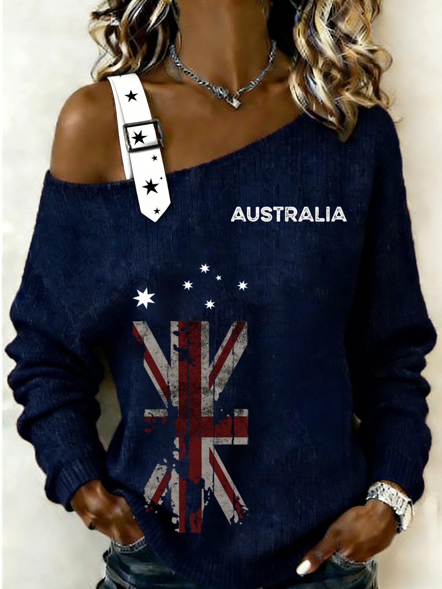 Women's Retro Australian Flag Badge Casual Off-the-Shoulder Design Long Sleeve Sweatshirt