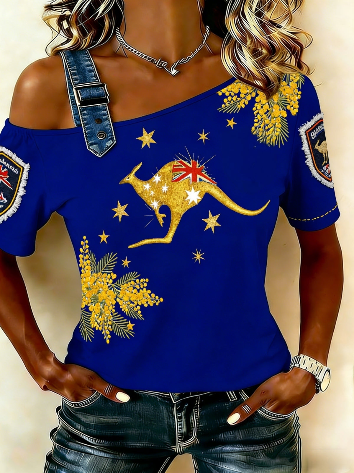 Women's Vintage Australian Holiday Casual Comfortable Off-the-Shoulder Short Sleeve T-Shirt