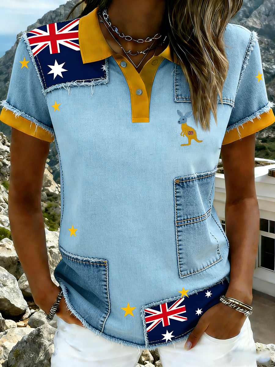 Women's Vintage Happy Australia Day Flag Badge Casual Print Short-Sleeve Polo Shirt