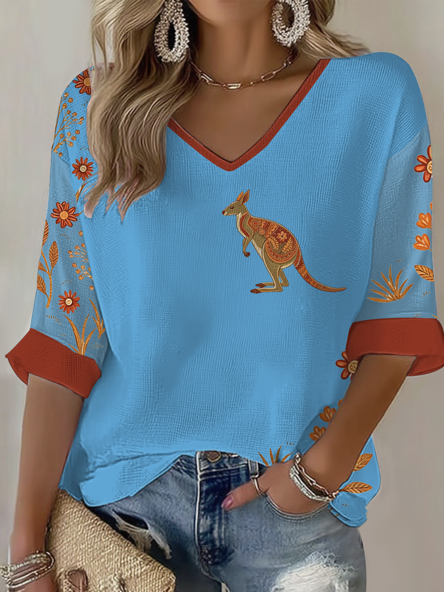 Women's Australian kangaroo printedWaffle T-shirt