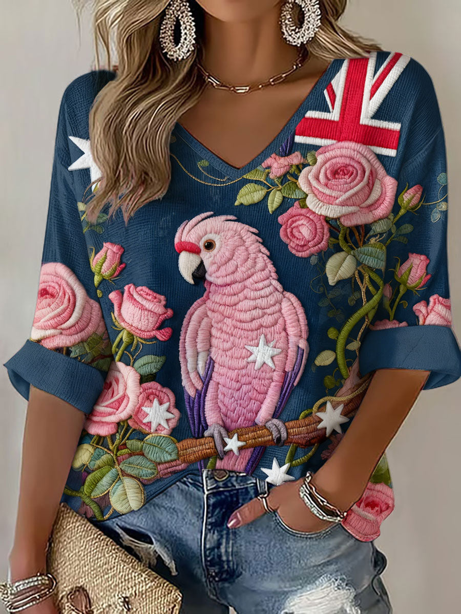 Women's Pink Parrot Art Printed Waffle Tops