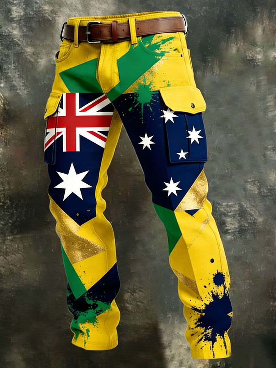 Men's Vintage Australian Flag Art Print Business Casual Work Pants