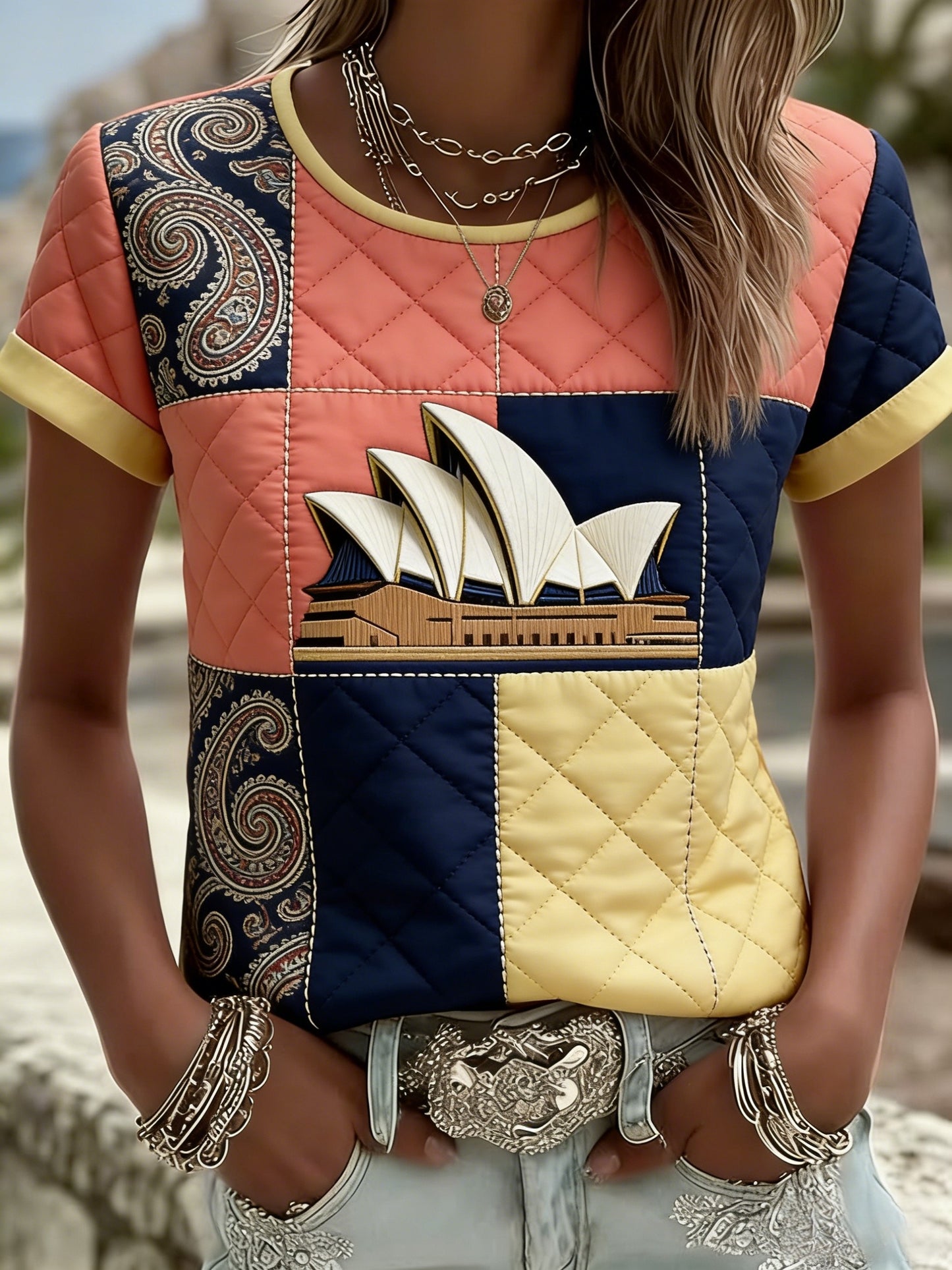 Women's Vintage Australian Holiday Patchwork Art Casual Short Sleeve T-Shirt